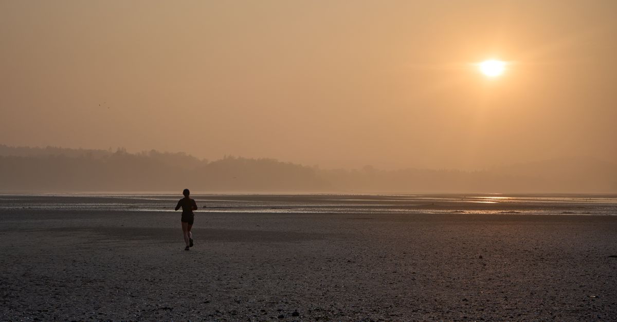 A lone runner on a dark road at dusk, off the marked track and choosing a direction of their own