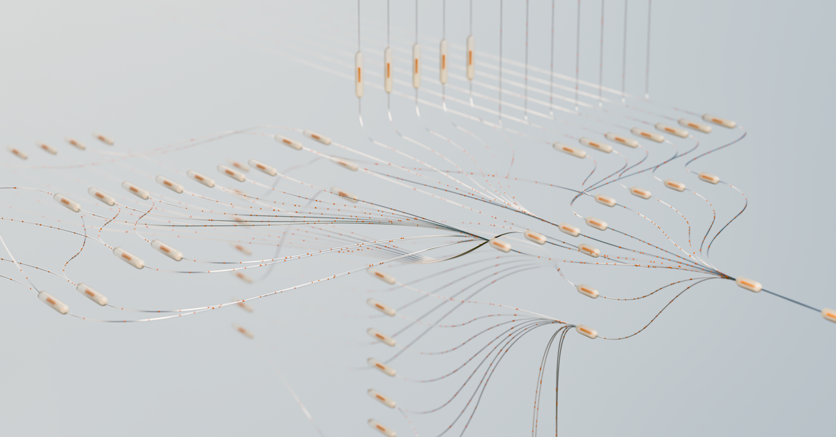 Two converging streams of light, one a ledger lattice and one a neural mesh, meeting over a forming city